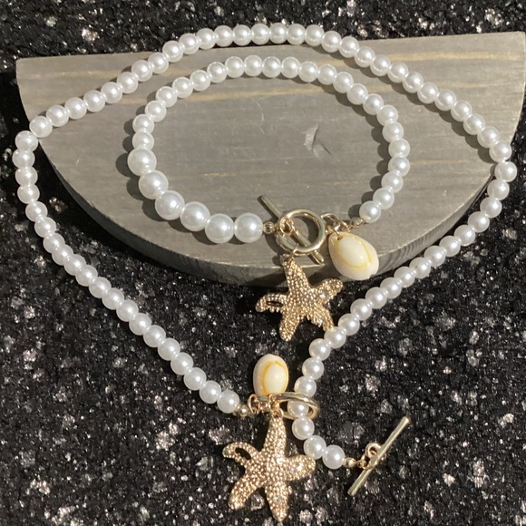 🪸Naitical Starfish & Puka  Shell Beaded Pearl toggle collar necklace & Bracelet - Picture 9 of 16